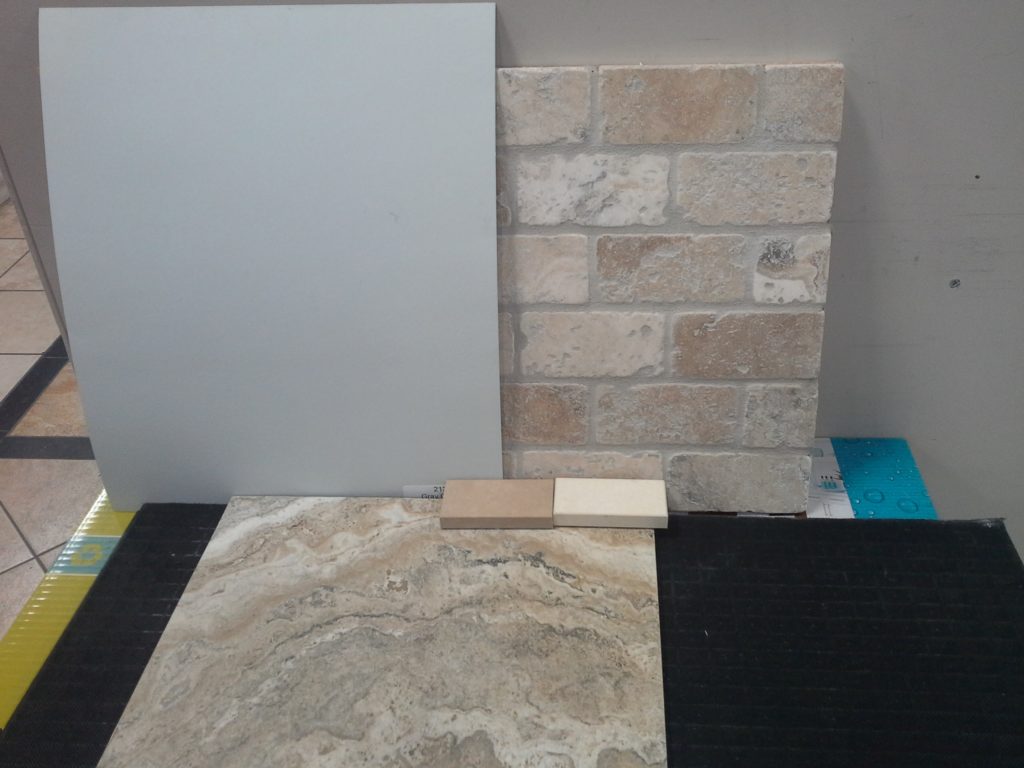 Porcelain Floor Tile; Backsplash; Conter top options and Paint Colour - BM Grey Cashmere 2138-60