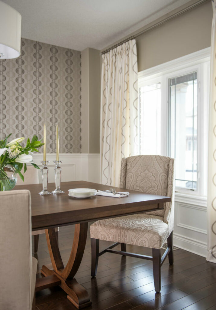 Monochromatic Dining Room With Wallpaper Custom Drapery Pashmina Benjamin Moore Wall Colour