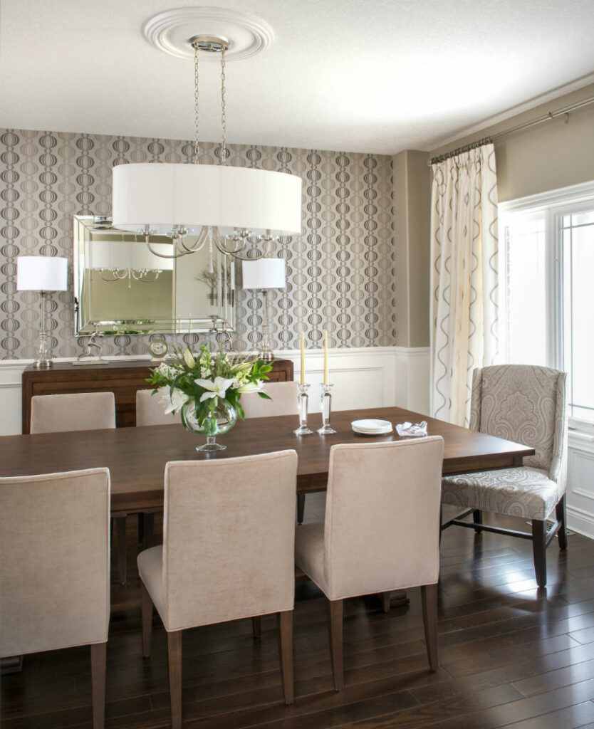 Monochromatic Dining Room With Duralee Fabrics Benjamin Moore Pashmina And Oval Chandelier