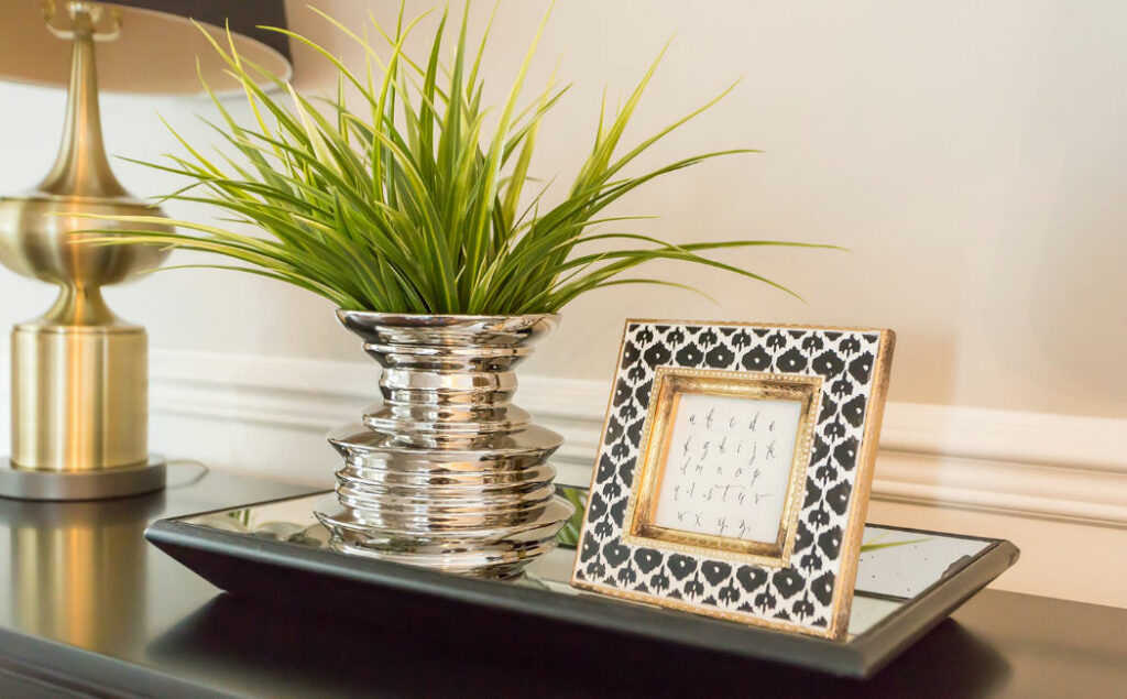 Foyer With Black And Gold Picture Frame And Plant Decor