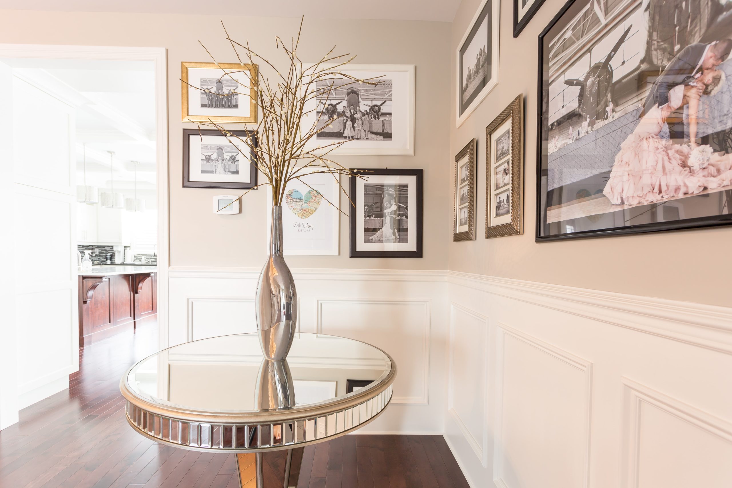 Gallery Walls with Stonington Gray backdrop and Cloud White Wainscoting.