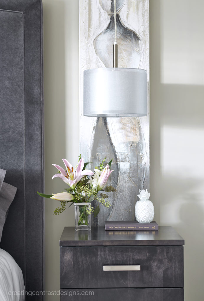 Master Bedroom Dark Grey Bedside Table With Revere Pewter Benjamin Moore Walls And Abstract Art With Pink Flowers And Pendant Light 692x1024 