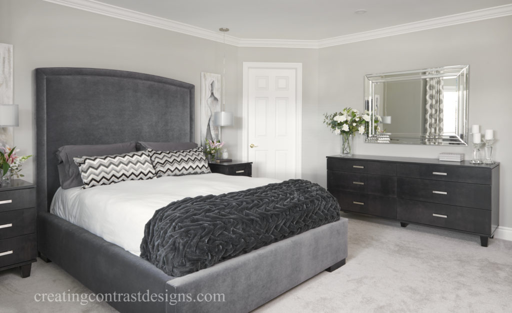 Master Bedroom With Upholstered Gray Headboard Dark Dresser Revere Pewter Benjamin Moore 1024x627 
