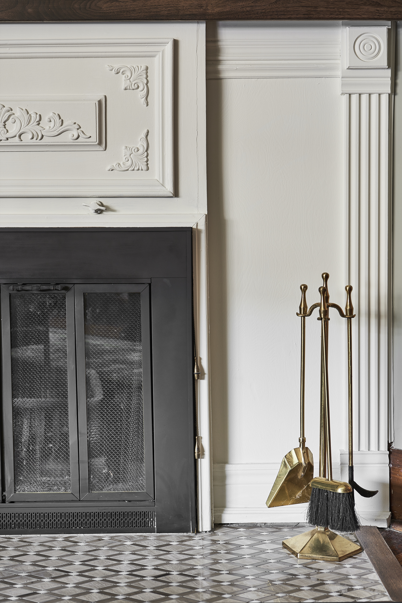Fireplace painted White Dove by Benjamin Moore.