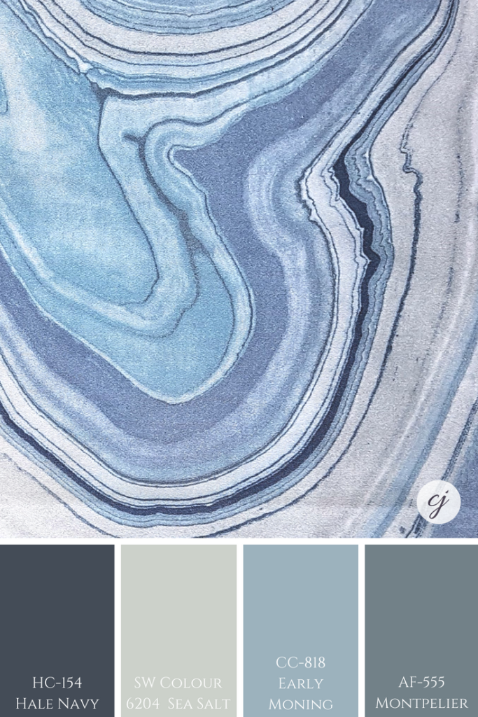Sherwin Williams Sea Salt paired in a monochromatic colour palette with Benjamin Moore's Hale Navy; Early Morning & Montepellier