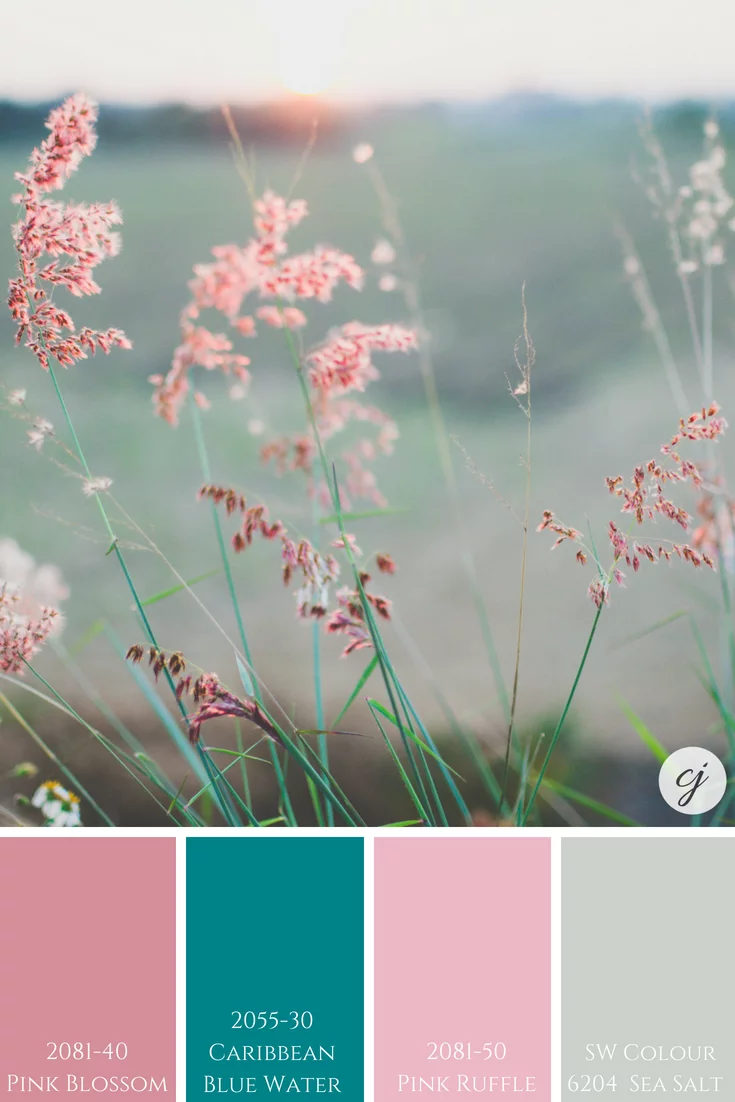 Sherwin Williams Sea Salt with Benjamin Moore's Pink Blossom; Caribbean Blue Water & Pink Ruffle