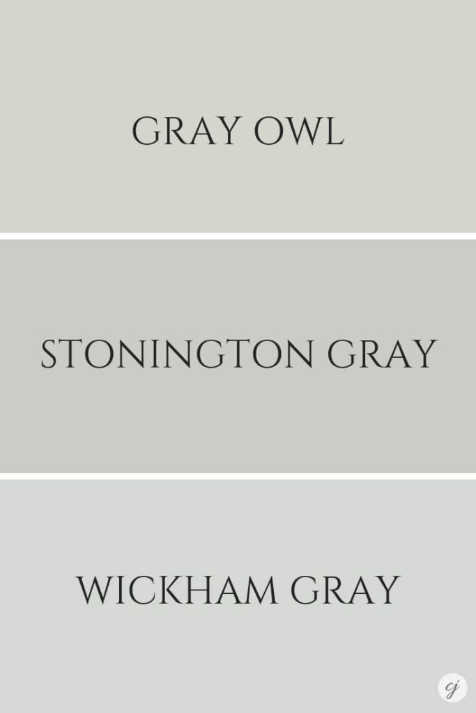 Benjamin Moore Gray and Blue paint samples for the interior of the house:  Stonington Gray (HC-170), W…