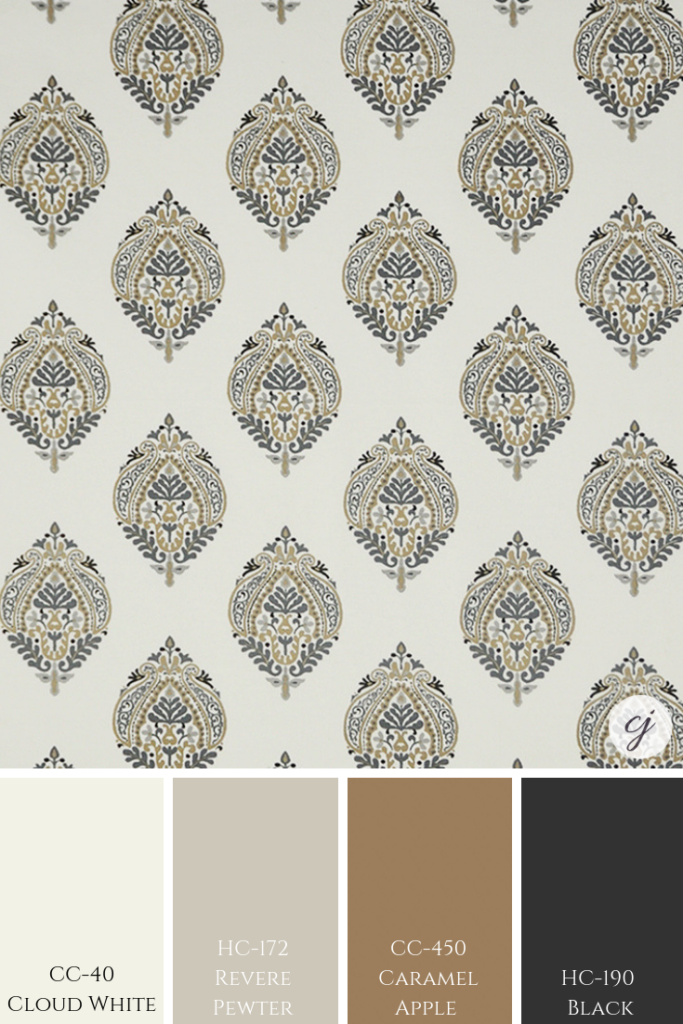 Revere Pewter by Benjamin Moore with custom fabric 