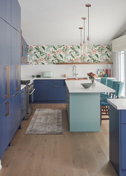 blue-kitchen-benjamin-moore-stratton-blue-island-white-countertops-white-backsplash-pendants-over-island