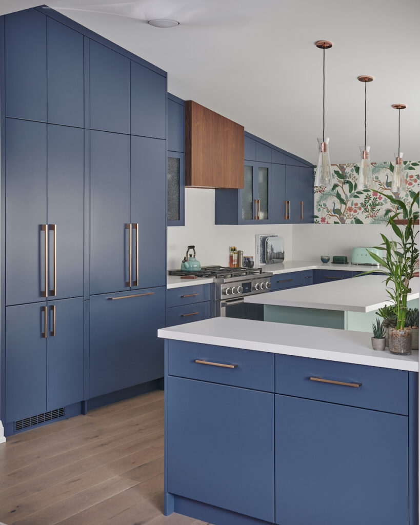 Blue Kitchen Slanted Ceilings Walnut Hood White Countertops