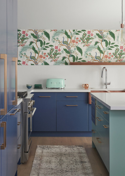 blue-kitchen-white-backsplash-quartz-countertop-floating-shelf