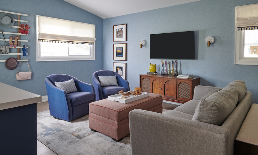 blue-living-room-white-roman-blind-blue-swivel-chairs-mid-century-modern-record-cabinet