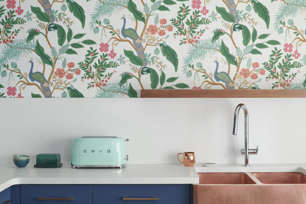 Copper Sink Walnut Floating Shelf American Standard Smart Measure Faucet Colorful Wallpaper