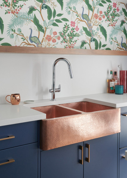 kitchen-design-copper-sink-chrome-faucet-white-quartz-floating-walnut-shelf