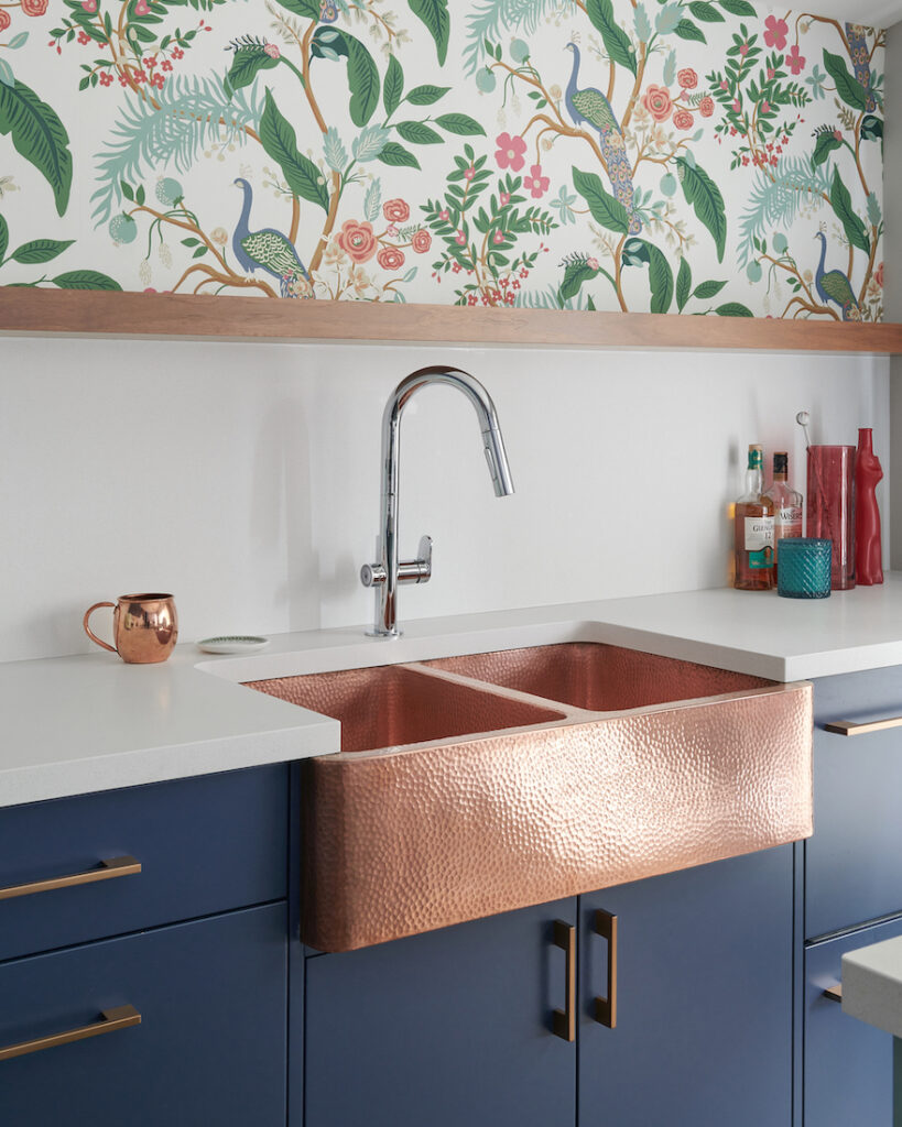 Kitchen Design Copper Sink Chrome Faucet White Quartz Floating Walnut Shelf