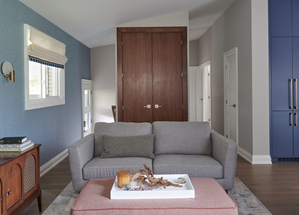 Walnut Closet Doors Mid Century Modern Gray Sofa Living Room