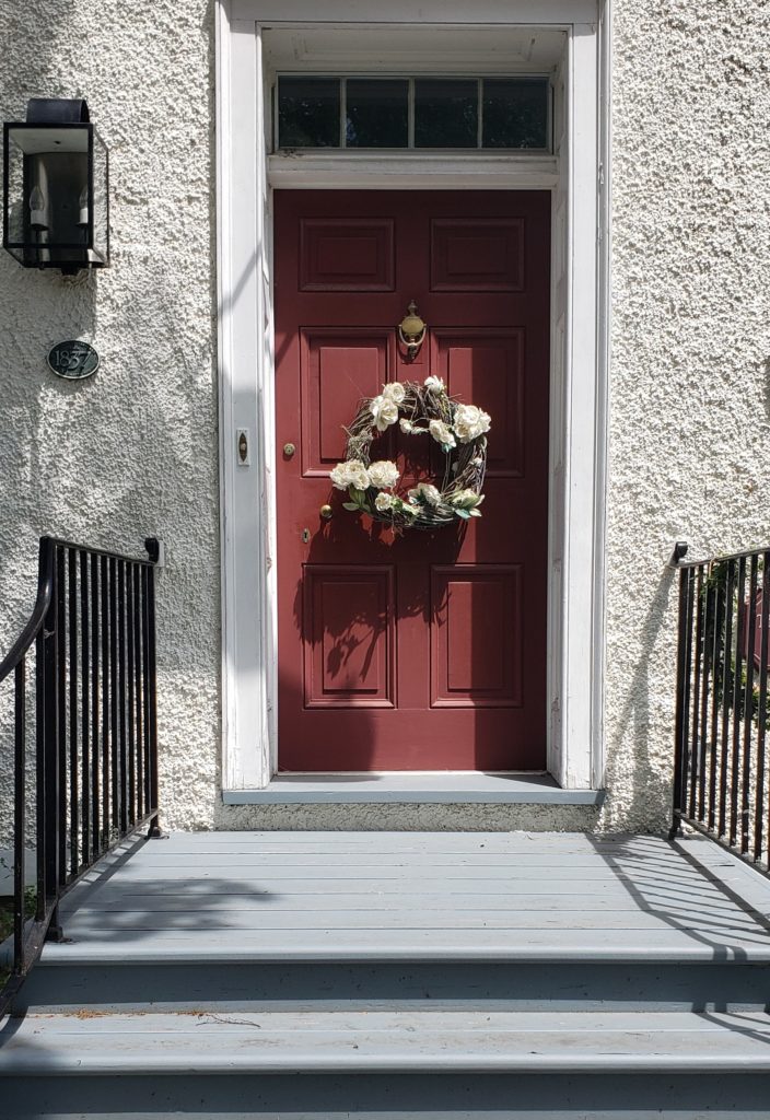 White Stucco House Burgundy Front Door Eating Room Red Farrow And Ball