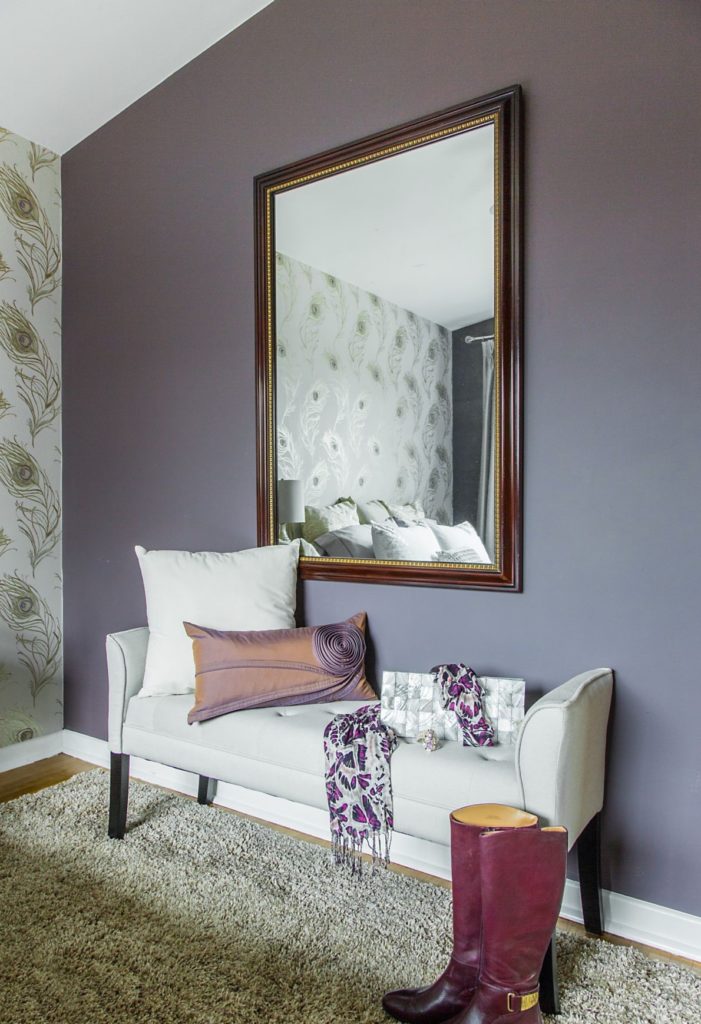 Masterbedroom With Korson Bench And Sherwin William Poetry Plum Paint And Purple And White Accent Pillows