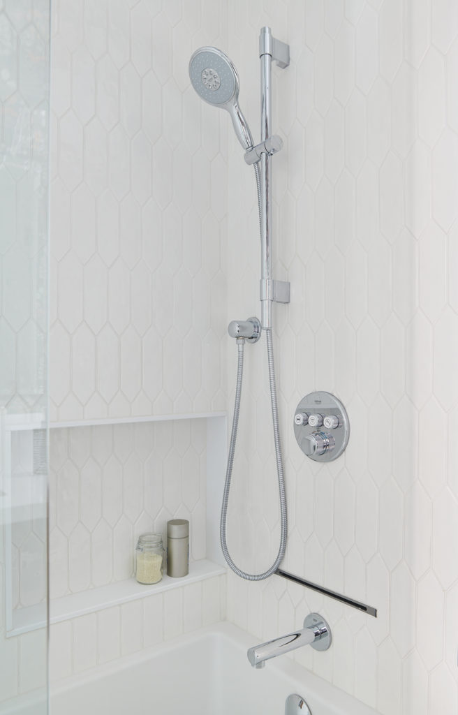 Chrome Rainfall Shower Niche White Tiles