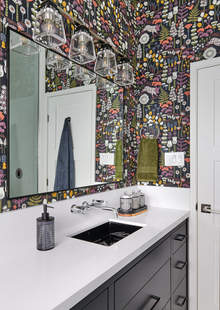 Small Bathroom With Wallpaper Glass Shower Black Vanity White Counter