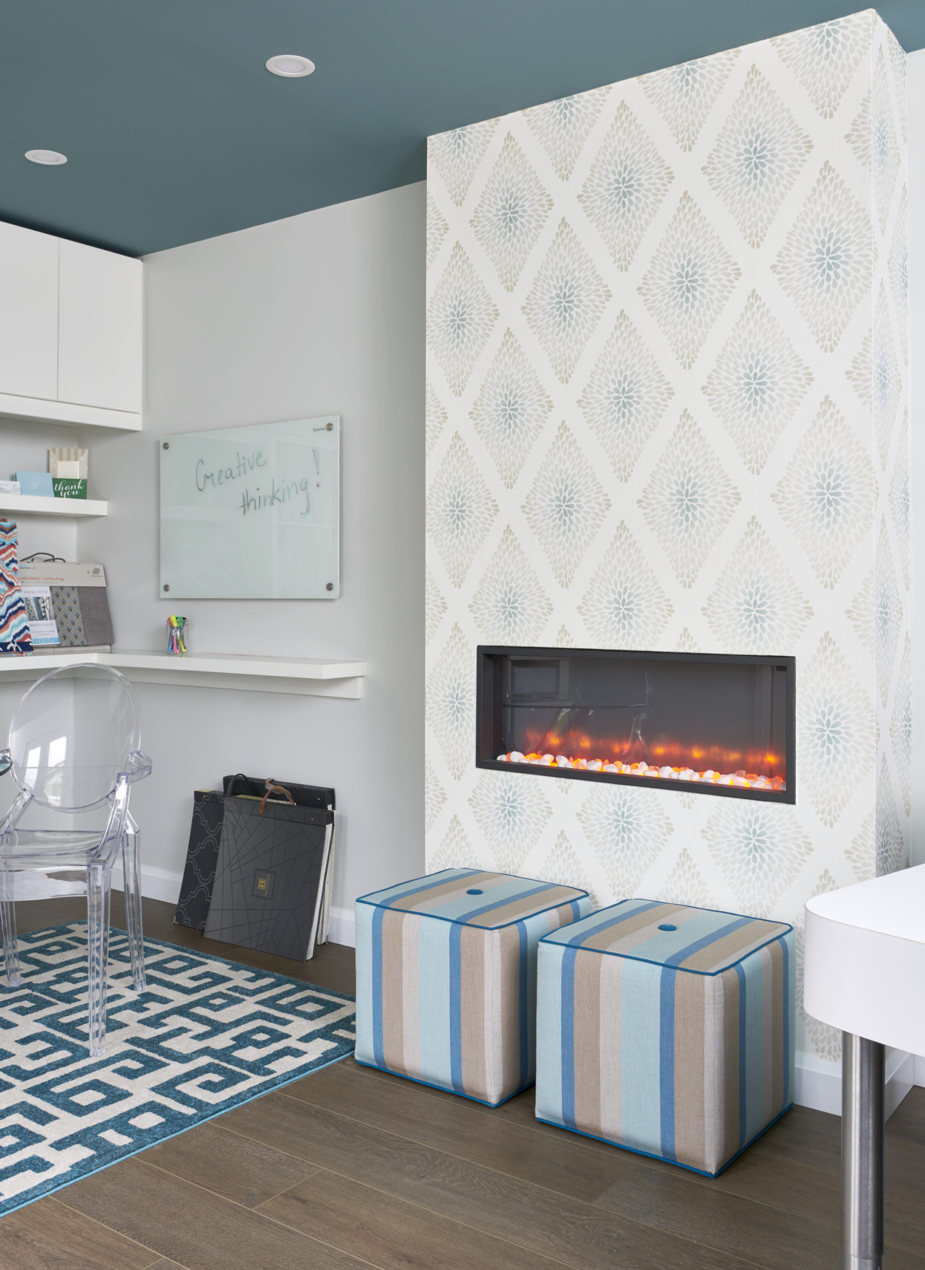 Painted Ceiling And Wallpaper Fireplace And Striped Fabric Seats With Geometric Patterned Rug