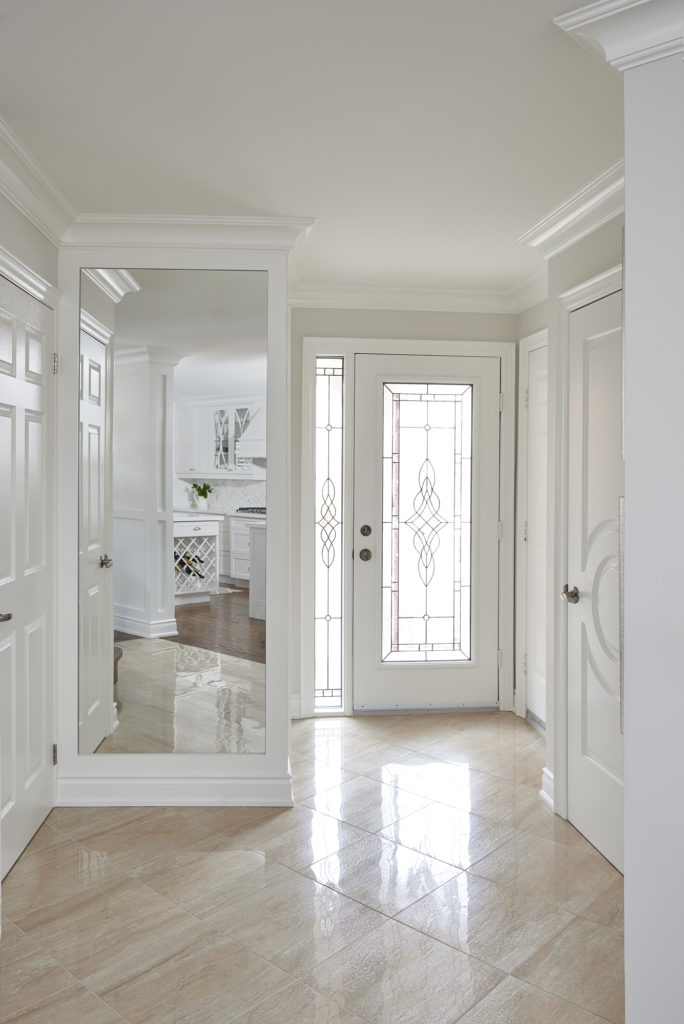 Stylish Front Foyer With Ceramic Tile Floor Benjamin Moore Classic Gray Oxford White