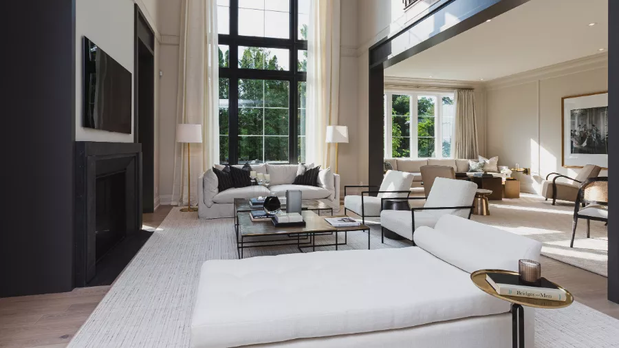 1 Great Room Oakville Home Pale Oak Benjamin Moore High Ceilings Dark Trim Black Windows