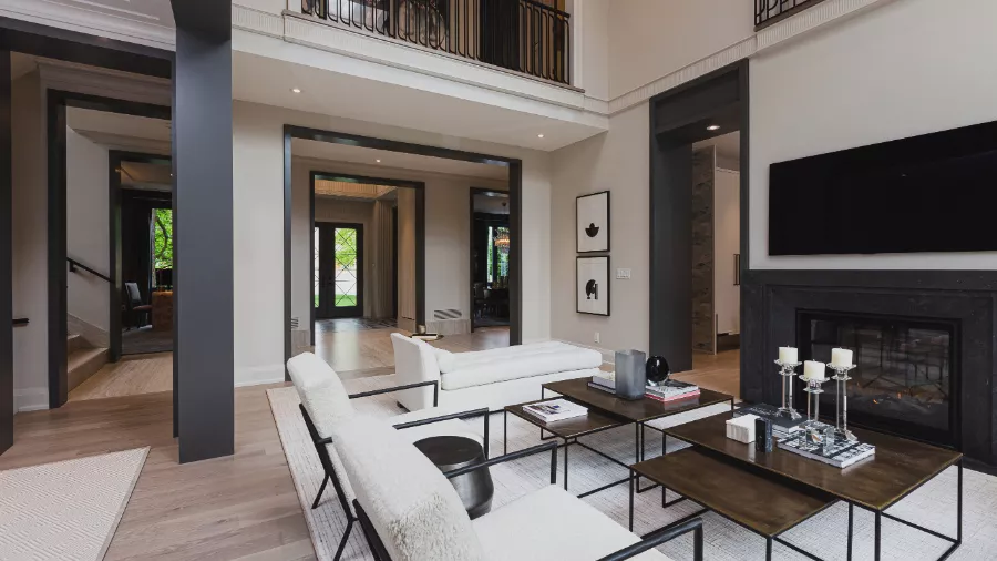 Great Room, Double Sided Fireplace Pale Oak Benjamin Moore High Ceilings Kendall Charcoal