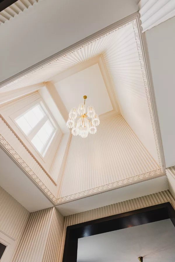 Foyer, babylon chandelier, pale oak, custom trim