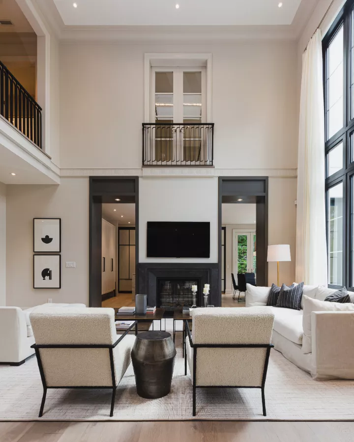 1 Oakville Great Room High Ceilings Dark Trim Pale Oak Benjamin Moore