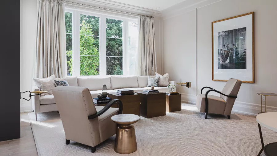 1 Oakville Interior Design Neutral Living Room With Custom Drapery