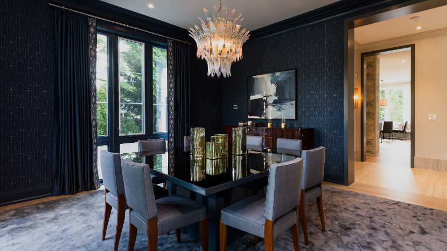 1 Dark Blue Dining Room Wallpaper Square Table Chandelier