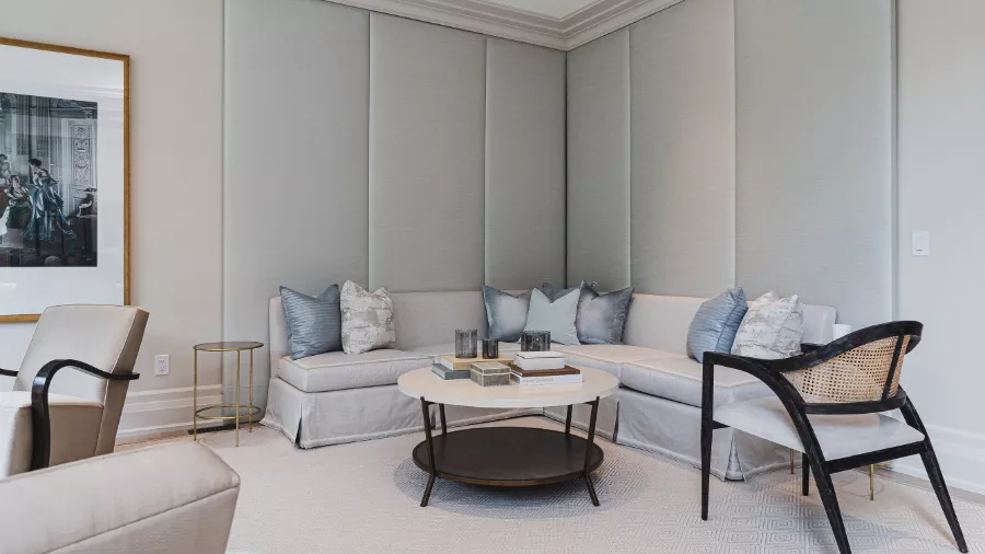 Living Room Soft Blue Pillows Gray Skirted Sofa Round Coffee Table