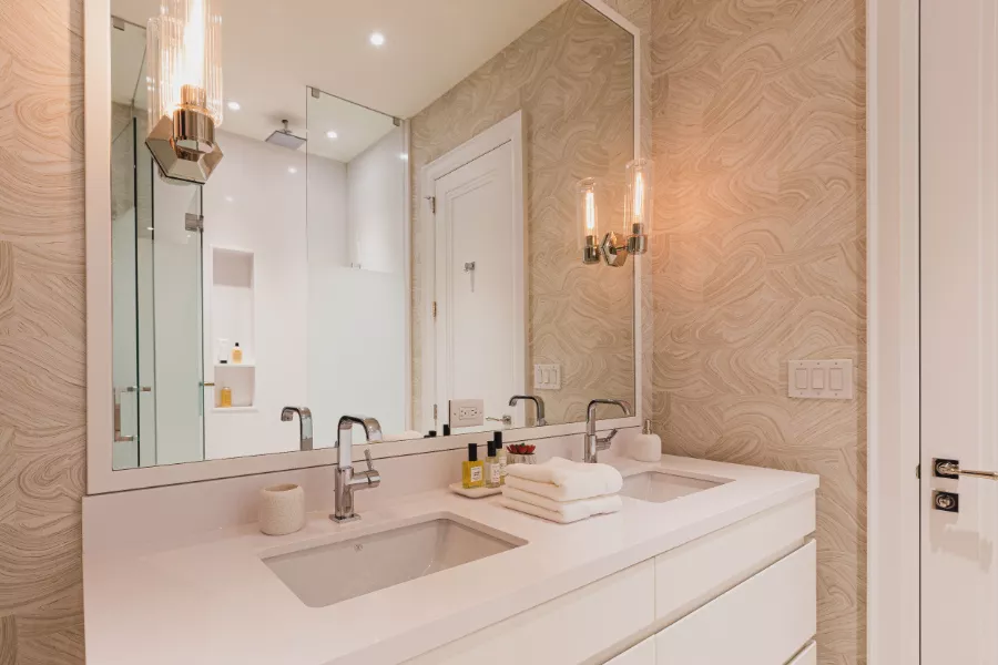 2 Oakville Bathroom Dekton White Counter Top Sconces On Mirror