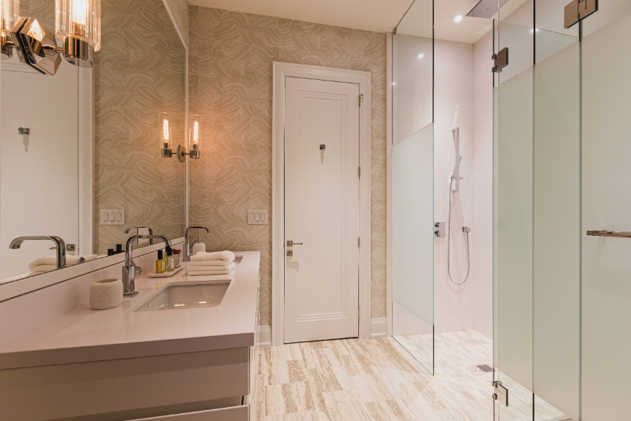 2 Oakville Bathroom Wallpapered White Dekton Counter Undermounted Sink Glass Shower