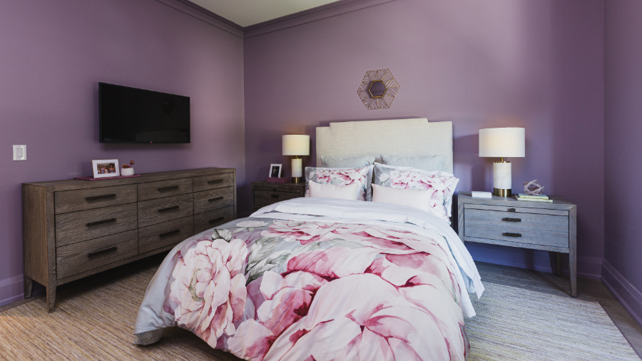 2 Oakville Home Bedroom Purple Paint Benjamin Moore Upholstered Headboard Floral Bedding