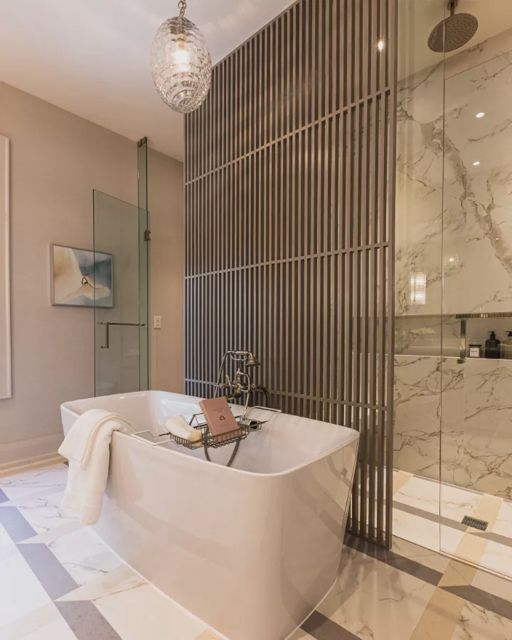 2 Oakville Home Neutral Ensuite Bathroom Shower Niche Marble Stone Walls