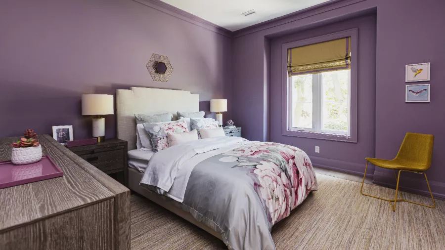 2 Oakville Home Purple Girls Bedroom Floral Bedspread And Flat Roman Blind Upholstered Headboard