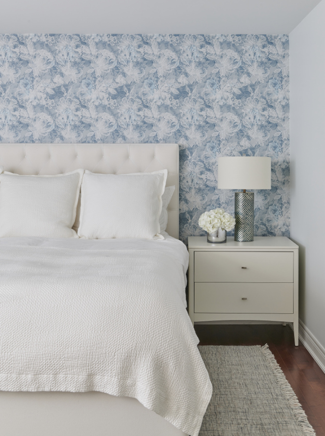 Master Bedroom With Wallpaper White Upholstered Bed White Nightstand Blue And White Color Palette