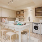 Organized Laundry Room White Island Open Shelves Benjamin Moore Old Country