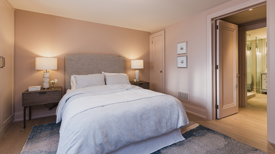 Princess Margaret, Basement Bedroom, guest bedroom, upholstered bed, Old Stone OC-424 Benjamin Moore Quilted Bedding