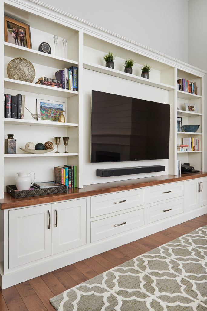 Custom Built In Cabeintry With Tv Walnut Accents Cloud White Benjamin Moore