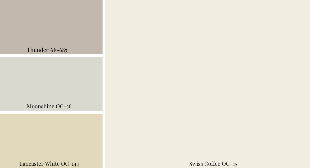 Swiss Coffee OC-45 
Thunder AF-685
Moonshine OC-56
Lancaster White OC-144
colour palette design
color palette design