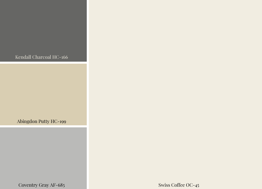 Swiss Coffee OC_45 Paint Palette Kendall Charcoal HC-166 Abingdon Putty HC-199 Coventry Gray AF_685 colour palette design color palette design
