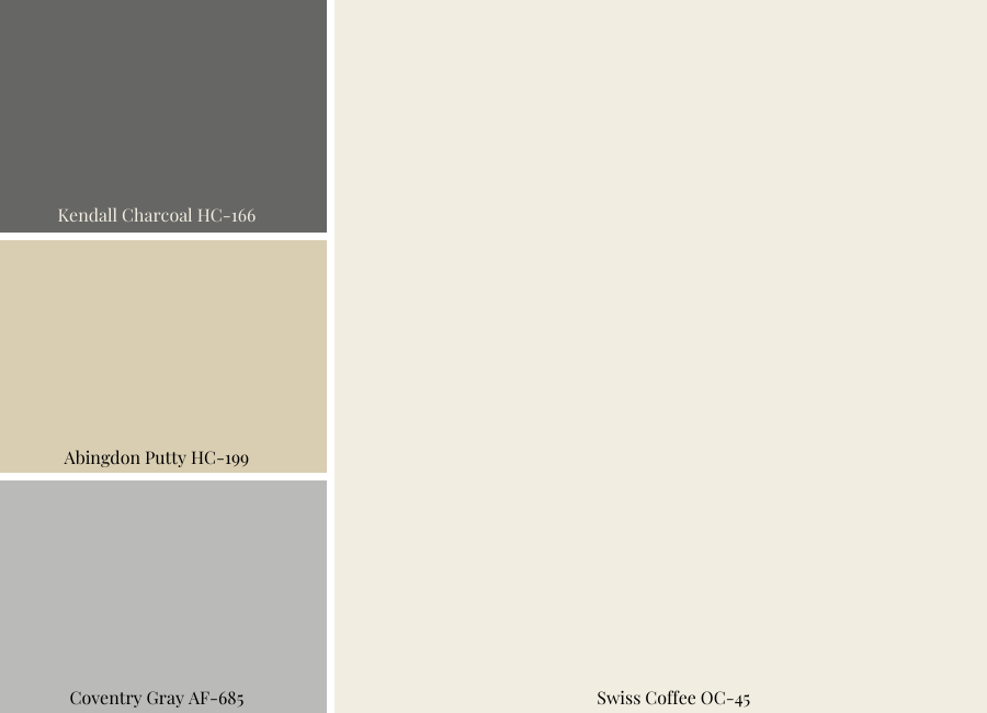 Swiss Coffee OC_45 Paint Palette
Kendall Charcoal HC-166
Abingdon Putty HC-199
Coventry Gray AF_685
colour palette design
color palette design