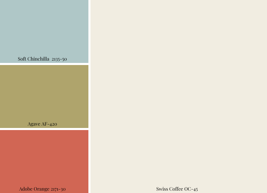 Swiss Coffee OC-45
Soft Chinchilla 2135-50
Agave AF-420
Adobe Orange 2171-30
colour palette design
color palette design