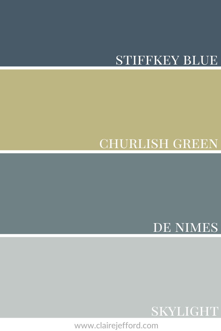 
Stiffkey Blue 
Churlish Green 
De Nimes 
Skylight
Farrow and Ball
Farrow & Ball
