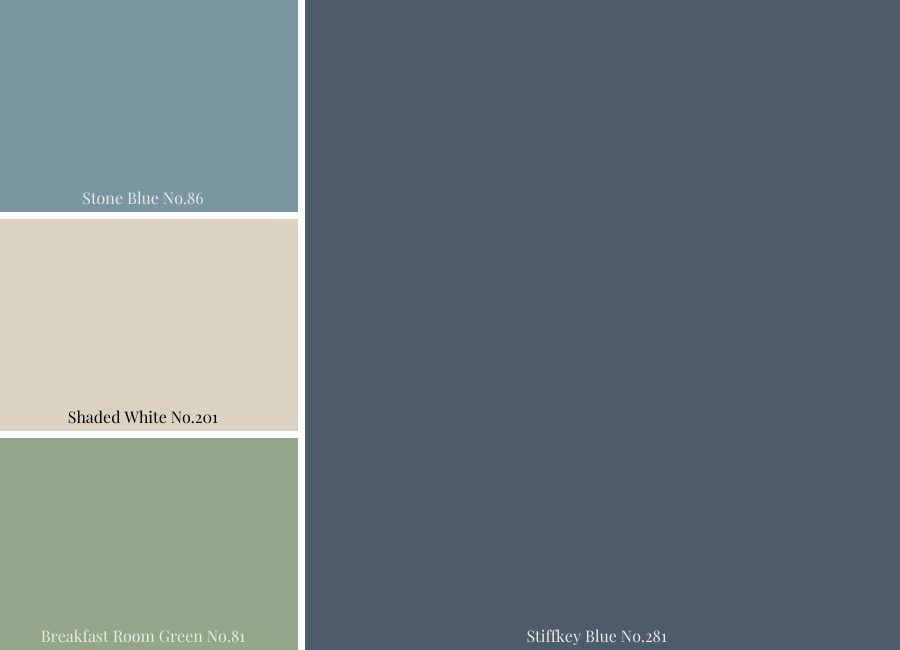 Stiffkey Blue
Stone Blue
Shaded White
Breakfast Room Green
Farrow and Ball