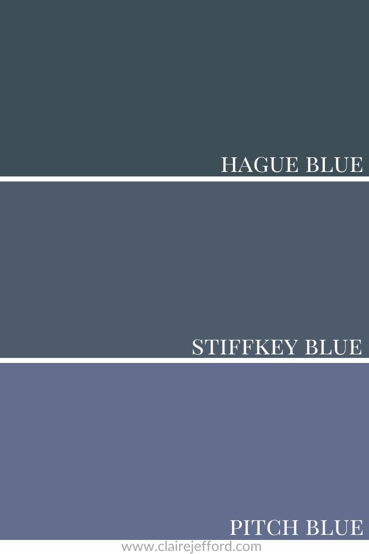 Stiffkey Blue 
Hague Blue
Pitch Blue
Farrow & Ball
Farrow and Ball