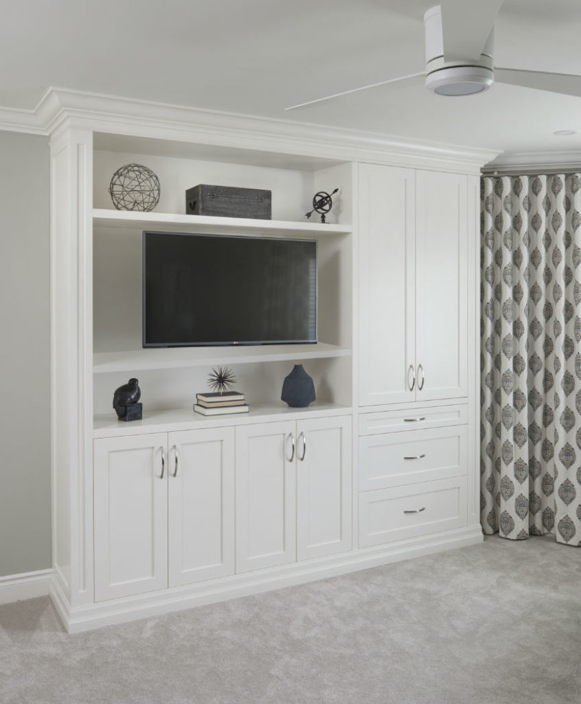 Master Bedroom With Cloud White Custom Built Ins With Revere Pewter Walls And Custom Drapery